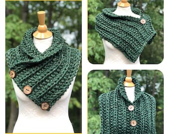 KNITTING PATTERN PDF only - Beginner - 3 Button Rustic Scarf, Shoulder Wrap, Cape, Mini Poncho with 3 Buttons