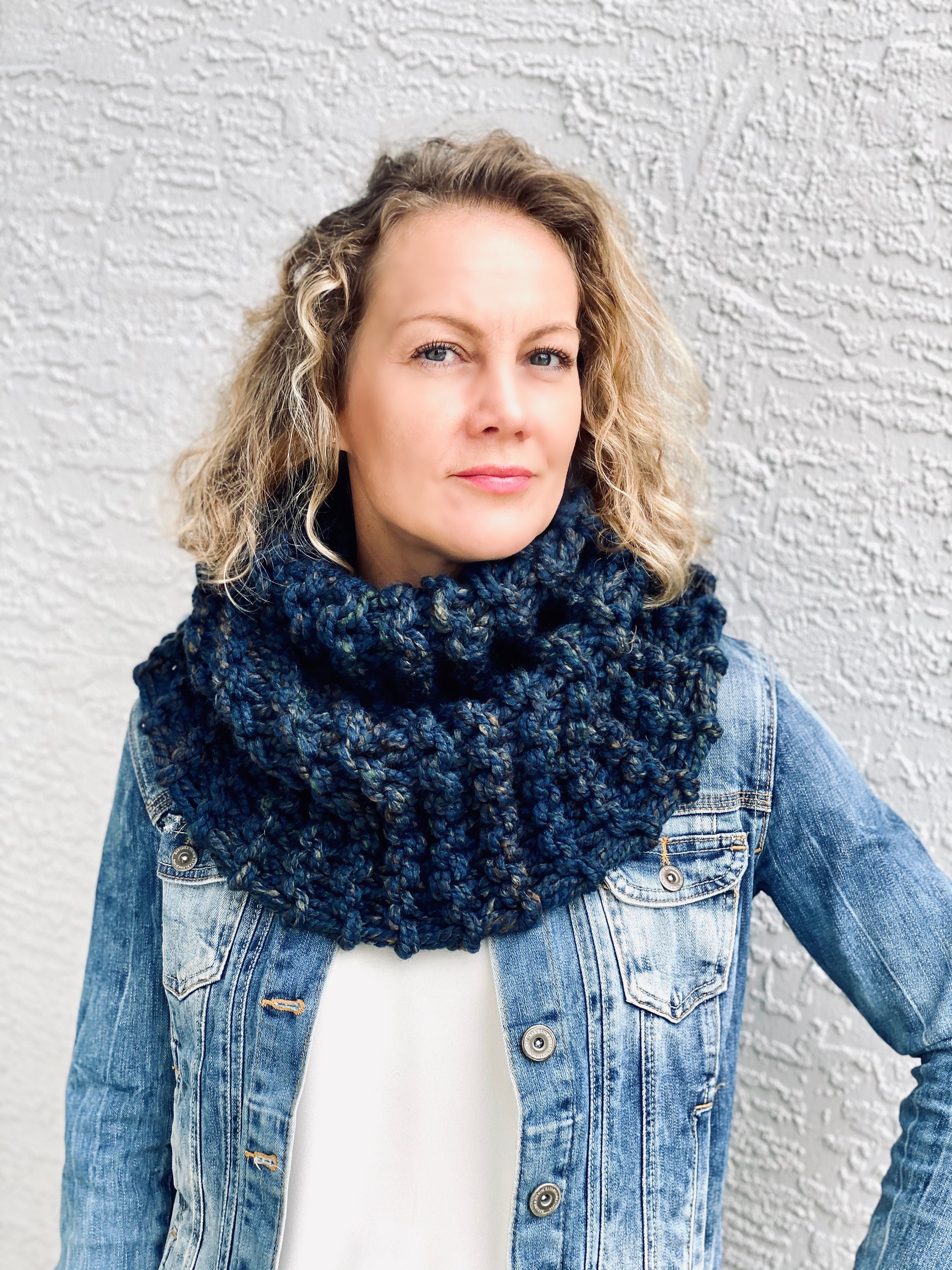 Neck Cowl Scarf, Chunky Knit, Mobius Infinity Scarf Women in Old Denim ...