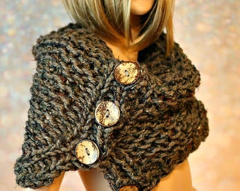 Hand Knit Large Scarf, Neck Warmer Cowl, Shoulder Cape, Poncho in Barley Brown, Knitted Wrap with 5 Buttons, Blanket Scarf, Gift for Her