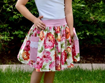 Girls skirt, toddler skirts, pink skirt, floral skirt, pocket skirt, Summer skirt, Summer outfit, girls clothing