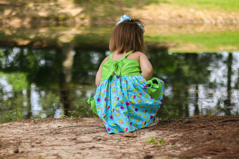 Girls Frog Dress, Summer dress, Summer outfit, green dress, Girls Sundress, Pocket dress image 6