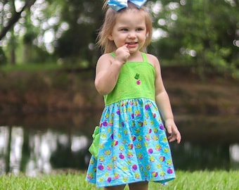 Girls Frog Dress, Summer dress, Summer outfit, green dress, Girls Sundress, Pocket dress