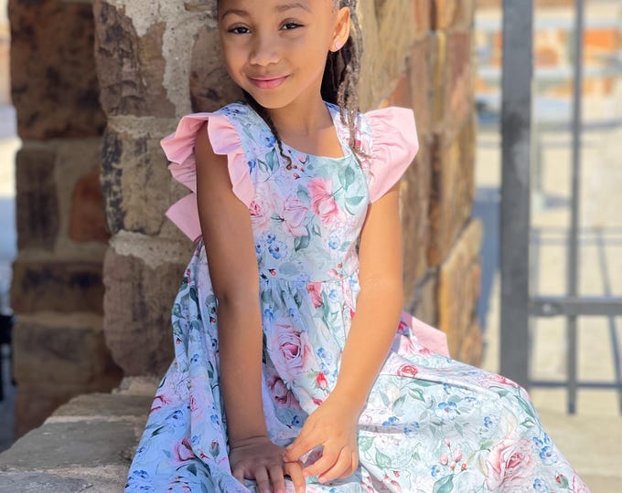 Girls Spring Floral Dress, Pale Pink Flowered Dress, Easter Dress, Blue ...