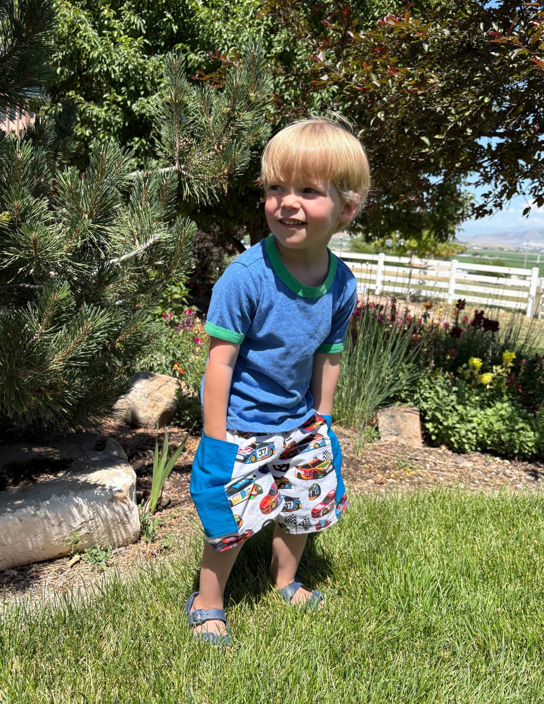 Funtasia Too Boys Light Blue Striped Shortall - Applique Golf Cart