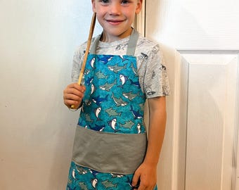 Boys reversible apron, aprons, boys aprons, shark apron, kitchen accessories, cooking apron, toddler boy apron, kids apron, youth aprons