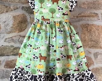 Girls Farm dress, Farm theme party, Animal dress, baby farm dress, Cow print dress, girls fashion, girls clothing