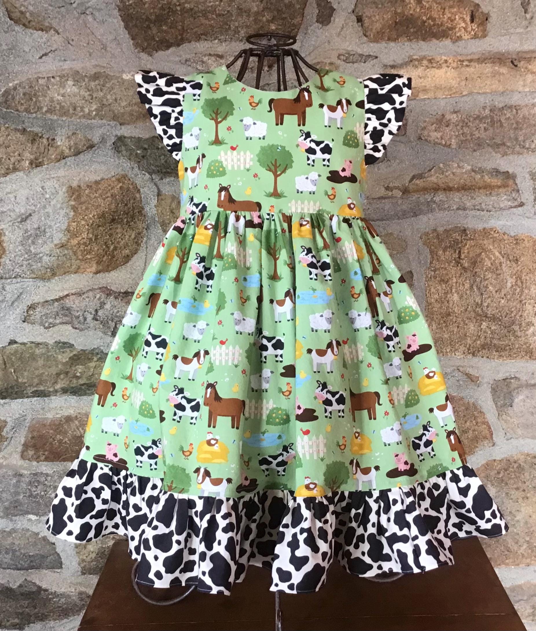 Girls Farm dress, Farm theme party, Animal dress, baby farm dress, Cow print dress, girls fashion, girls clothing