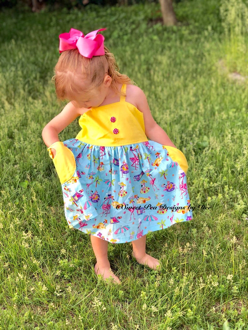 Girls Flamingo Dress Summer Dress Girls Sundress Beach Dress Spring Dress Infant Dress Yellow Dress Pocket Dress Poolside Dress
