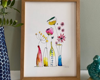 Illustration aquarelle Quatre vases fleuris, format A4