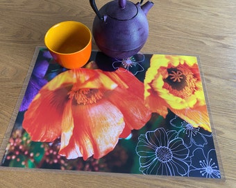 Set de table plastifié photo pavots orange et jaune et graphismes