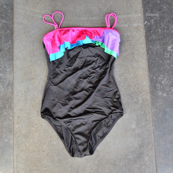 Vintage one piece Swimsuit | Strapless Ruffled suit | Black hot pink turquoise purple | Beach swim suit 1990s 1980s summer medium