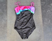 Vintage one piece Swimsuit Strapless Ruffled suit Black hot pink turquoise purple Beach swim suit 1990s 1980s summer medium