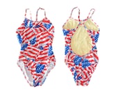 Vintage Flag Swimsuit One Piece swimsuit Baywatch swimsuit 90s swim suit high cut legs American flag low back Beach small