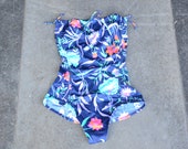 Vintage swimsuit one-piece 80s strapless one piece swim suit navy floral 1990s 1980s summer Small sexy beach vacation S XS