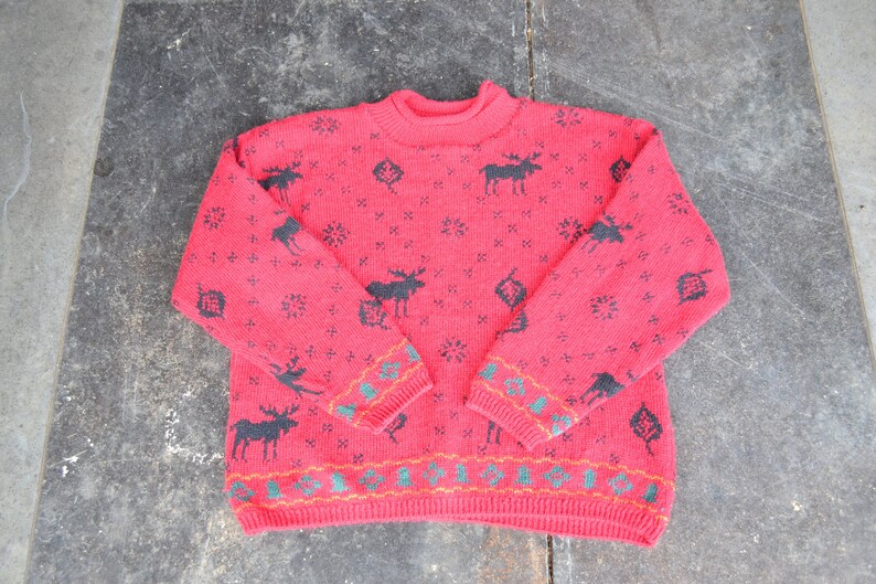 Chunky knit sweater red black tree sweater 90s grunge Pullover Sweater Deer Oversized sweater Wool Christmas Sweater Large