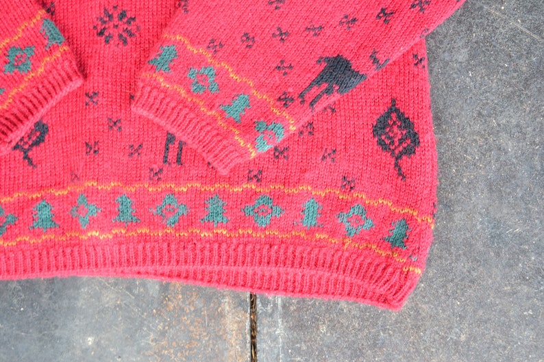 Chunky knit sweater red black tree sweater 90s grunge Pullover Sweater Deer Oversized sweater Wool Christmas Sweater Large