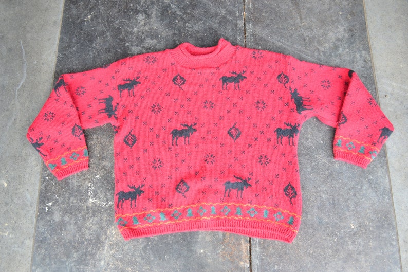 Chunky knit sweater red black tree sweater 90s grunge Pullover Sweater Deer Oversized sweater Wool Christmas Sweater Large