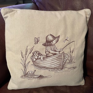 Embroidered Pillow - boy in boat