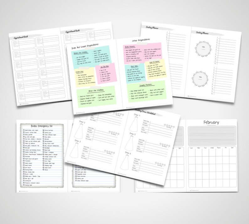 Op de afbeelding: Een bruiloftplanner met pagina's voor budgettering, gastenlijsten, jurken shoppen en een kalender. De pagina's zijn leeg en klaar om ingevuld te worden.