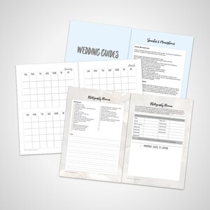 May include: A wedding planning guide with a calendar, checklist, and photography planning pages. The guide has a light blue cover with the text "Wedding Guides" in gray.