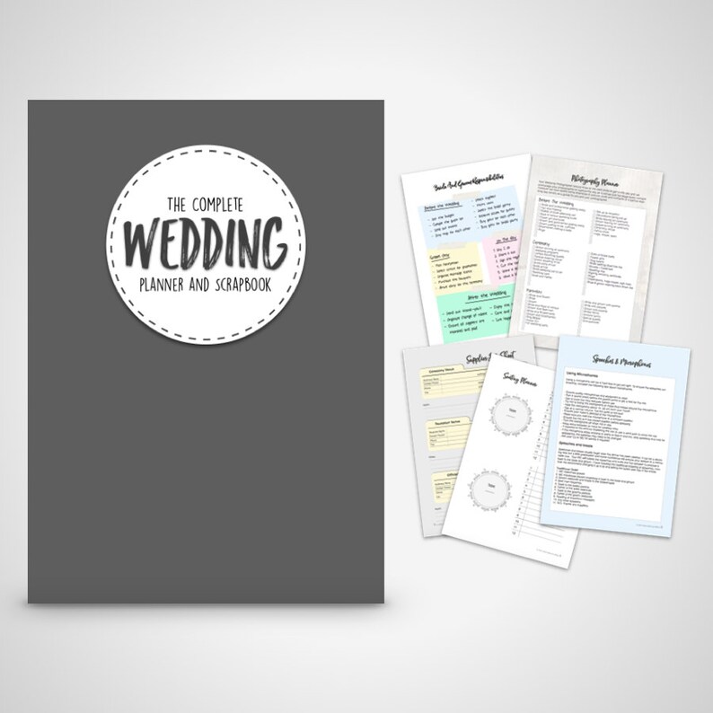 May include: A gray cover with a white circle and the text "The Complete Wedding Planner and Scrapbook". The cover is surrounded by several pages with different sections for planning a wedding, including "Guest List & Responsibilities", "Ceremony Seating Plan", "Speeches & Presentations", and "Photography Timeline".