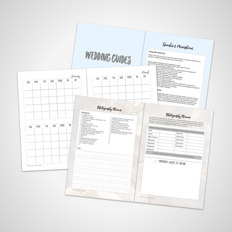 Pu&ograve; includere: Una guida per la pianificazione del matrimonio con un calendario, una lista di controllo e un piano fotografico. La guida ha una copertina blu chiaro con il testo "Wedding Guides" in grigio.