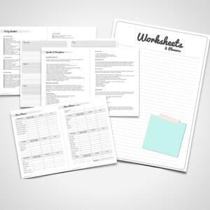 Op de afbeelding: Een set printbare werkbladen en planners voor het organiseren en plannen. De werkbladen bevatten secties voor "De grote checklist", "Januari", "Februari", "Maart", "Spelen", "Speciale gelegenheden & mijlpalen", "Huisplanner" en "Weekplanner".