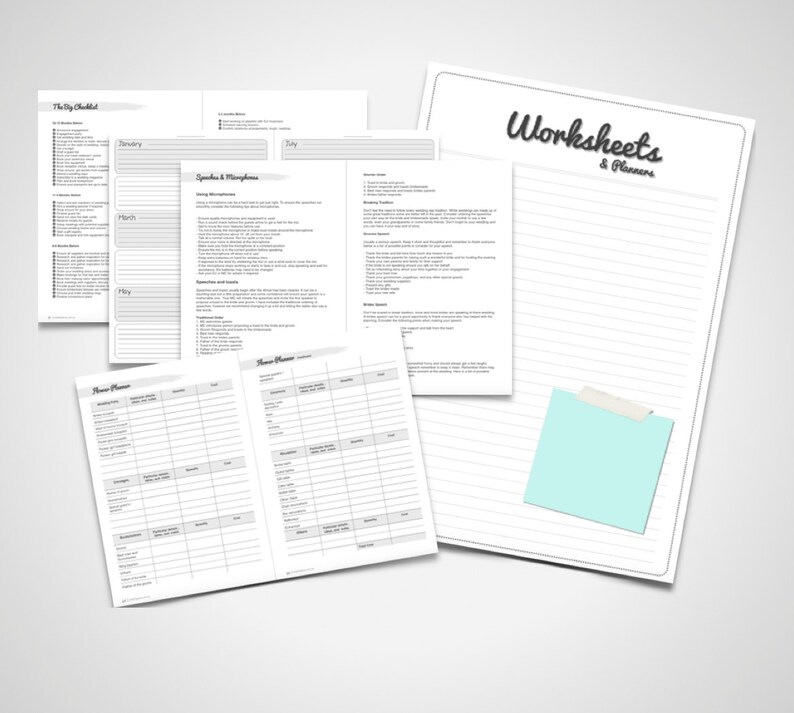 Op de afbeelding: Een set printbare werkbladen en planners voor het organiseren en plannen. De werkbladen bevatten secties voor "De grote checklist", "Januari", "Februari", "Maart", "Spelen", "Speciale gelegenheden & mijlpalen", "Huisplanner" en "Weekplanner".