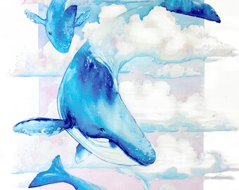 May include: Watercolor painting of three blue whales swimming in a sky filled with white clouds. The whales are painted in shades of blue and have a watercolor effect. The background is a light blue and pink watercolor wash.