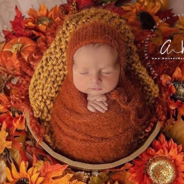 Copper Rust Burnt Orange Pumpkin Spice Fuzzy Knit Bonnet Sleep Cap Hat Wrap Set Newborn Photography Prop Baby Boy Girl Fall