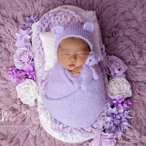 Lavender Teddy Bear Bonnet Wrap Set Newborn Photography Prop Baby Boy Girl Merino Wool Layering Blanket Fuzzy Purple Spring Pastel Lilac