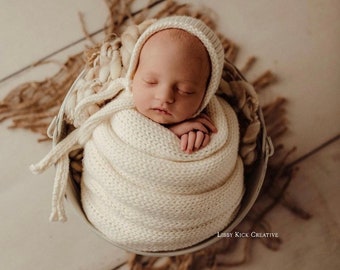 Ivory Cream Knit Bonnet, Wrap, Layering Blanket Newborn Photography Prop Set Merino Wool Layer Layering Blanket Neutral Baby Boy Girl Photo