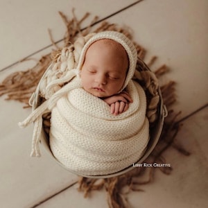 Ivory Cream Knit Bonnet, Wrap, Layering Blanket Newborn Photography Prop Set Merino Wool Layer Layering Blanket Neutral Baby Boy Girl Photo