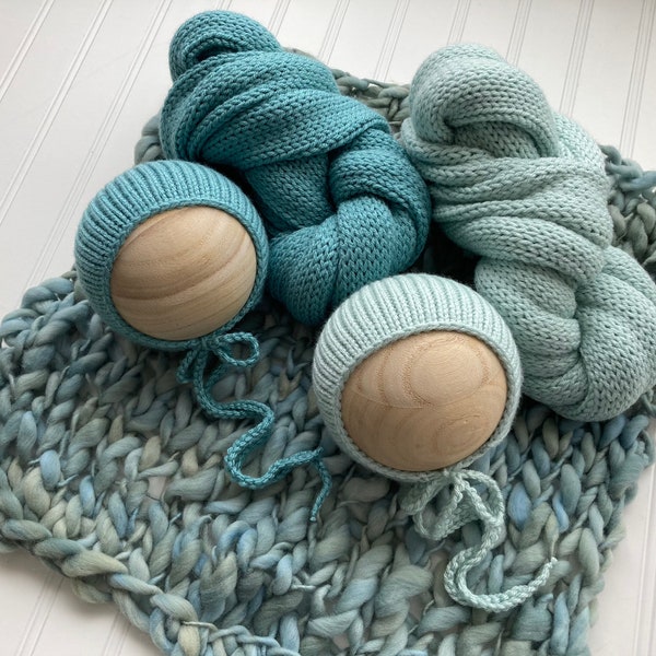 TWIN Newborn Photography Prop Set Bonnet Wrap Blanket Layering Blanket Smokey Teal Sea Blue Boy Girl Neutral