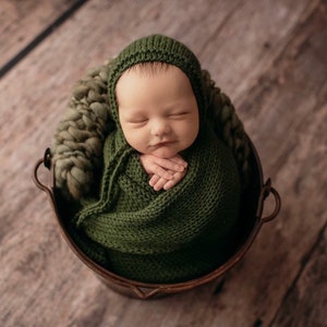 Olive Green Knit Bonnet, Swaddle Wrap, Layering Blanket Newborn Photography Prop Set Merino Wool Thick Thin Bump Layer Hunter Baby Boy  Girl