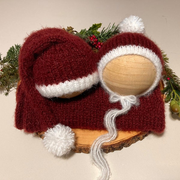 Christmas Santa Sleepy Cap Hat, Knit Bonnet, Newborn Photography Prop, Twin Set, Baby Boy Girl, Fuzzy Pom Poms, Red White Burgundy, RTS