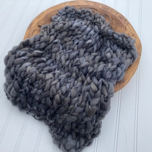 Dark Grey Charcoal Handspun Merino Wool Knit Bump Blanket newborn photography prop layer layering thick thin chunky gray neutral baby boy