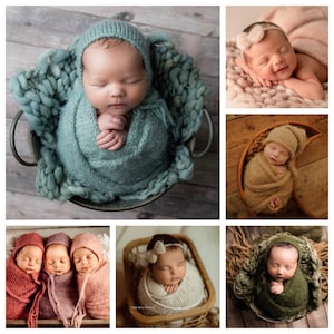 20+ COLORS Knit Bonnet Wrap Sleepy Cap Hat Set Newborn Photography Photo Prop Fuzzy Swaddle Baby Boy Girl Neutral Soft Angora