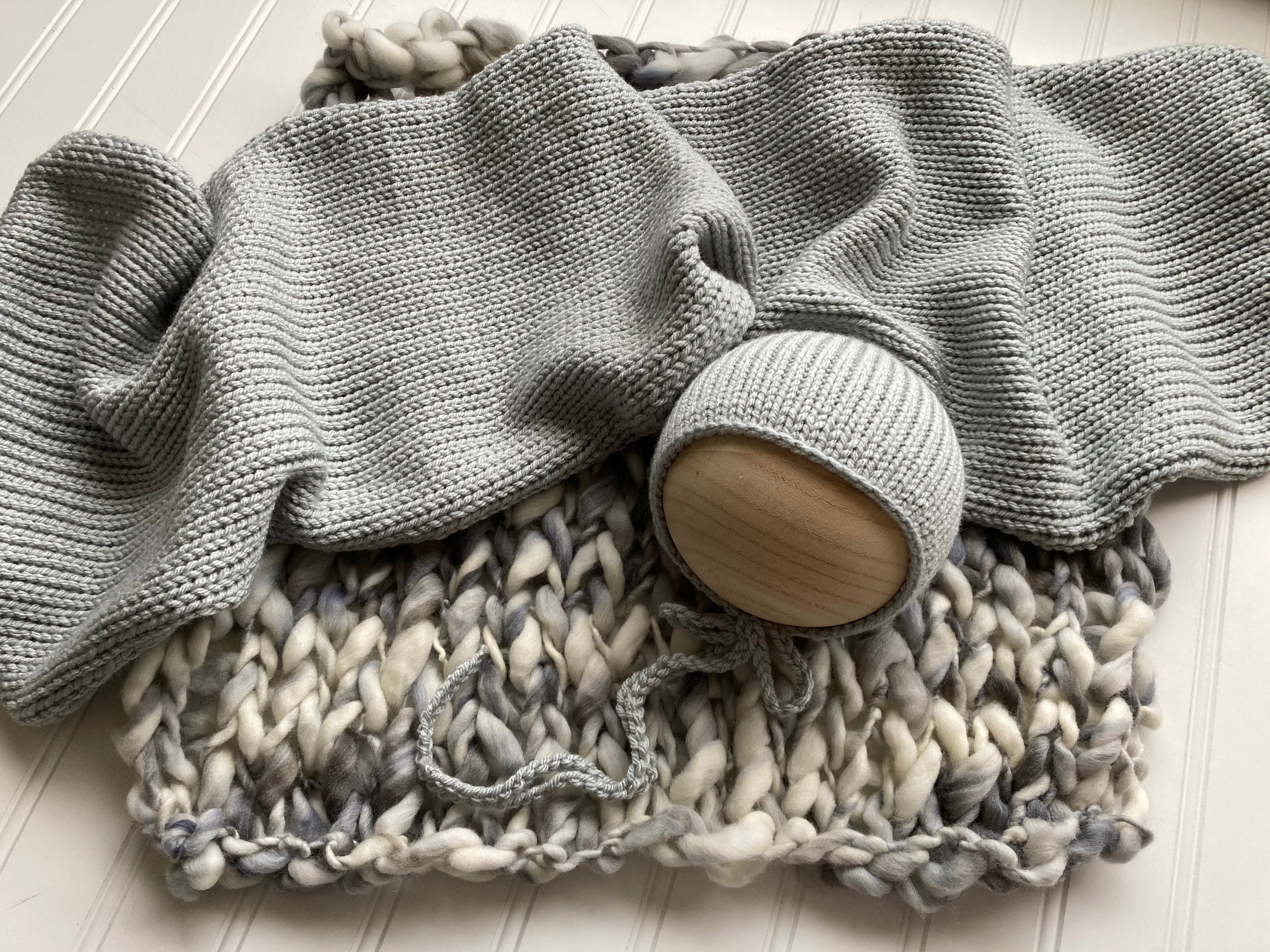 Grey Gray Knit Bonnet Wrap Set thick thin Dappled Merino Wool | Etsy