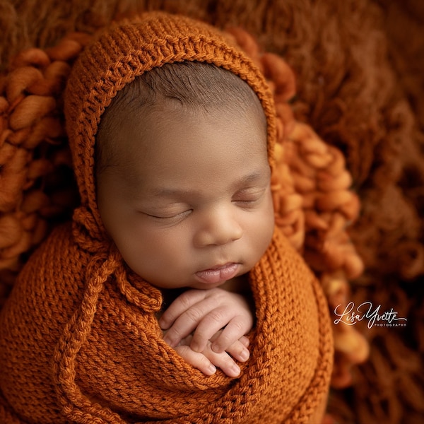 Rust Burnt Pumpkin Orange Merino Wool Thick Thin Layering Bump Blanket Knit Wrap Bonnet Set Baby Newborn Photography Photo Prop Set Chunky