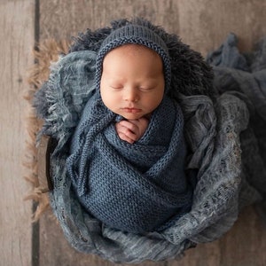 Steel Blue Knit Bonnet, Sleepy Cap, Swaddle Wrap, Layering Blanket Set Merino Wool Bump Layer Baby Boy Newborn Photography Photo Prop