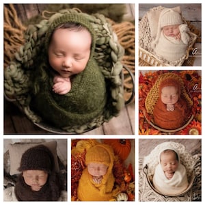 20+ COLORS Knit Bonnet Wrap Sleepy Cap Hat Tieback Set Newborn Photography Photo Prop Fuzzy Angora Swaddle Baby Boy Girl Neutral Fall