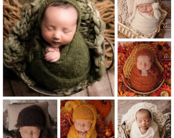 20+ COLORS Knit Bonnet Wrap Sleepy Cap Hat Tieback Set Newborn Photography Photo Prop Fuzzy Angora Swaddle Baby Boy Girl Neutral Fall