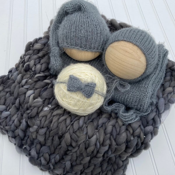 Charcoal Grey Gray Knit Bonnet Sleepy Cap Wrap Bow Tieback Merino Wool Layering Blanket Twin Newborn Photography Photo Prop Angora Baby Boy
