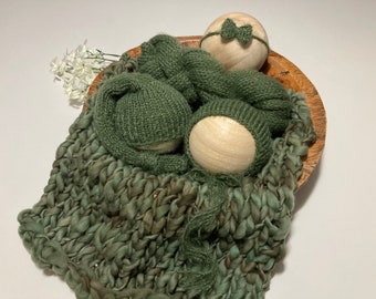 5 Pc Set Olive Green Knit Fuzzy Bonnet Sleepy Cap Wrap Tieback Thick Thin Merino Wool Layering Blanket Twin Newborn Photography Prop Hunter