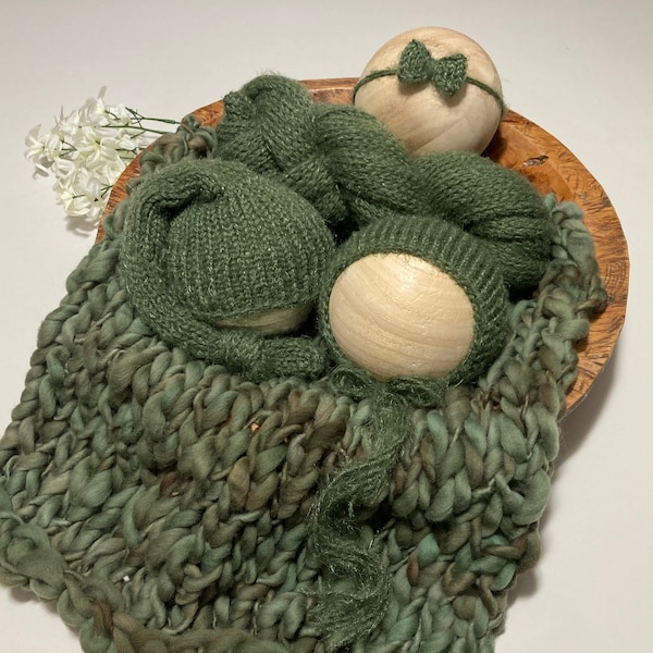 5 Pc Set Olive Green Knit Fuzzy Bonnet Sleepy Cap Wrap Tieback Thick Thin Merino Wool Layering Blanket Twin Newborn Photography Prop Hunter