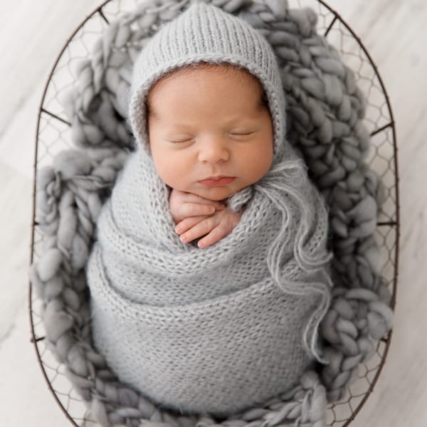 5 Pc Set Ash Grey Gray Knit Fuzzy Bonnet Sleepy Cap Wrap Bow Tieback Thick Thin Merino Wool Layering Blanket Twin Newborn Photography Prop