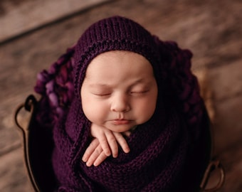 Dark Purple Eggplant Grape Handspun Merino Wool Thick Thin Layering Bump Blanket Knit Wrap Bonnet Baby Girl Newborn Photography Prop Set