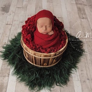 Christmas Cranberry Ruby Red Merino Wool Thick Thin Layering Bump Blanket Knit Wrap Bonnet Baby Girl Newborn Photography Prop Set Valentine