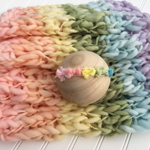 Ensemble d'embrasses pour couverture arc-en-ciel pastel, bandeau en laine mérinos en tricot, accessoire de photographie pour nouveau-né, superposition d'arcs de bébé fille épais et épais